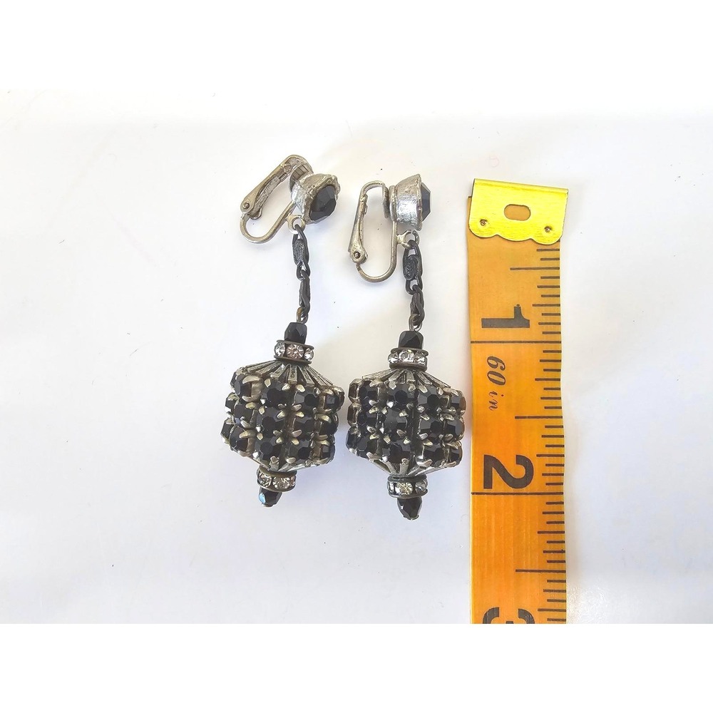 VTG Black Crystal/Rhinestone Lantern Dangling Clip On Earrings - DeMario? - Picture 4 of 4
